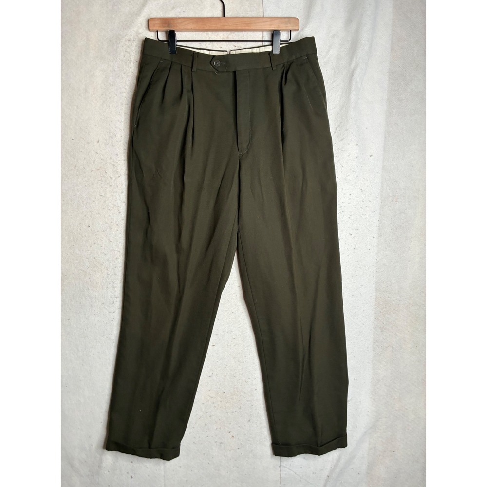 Monsieur by Givenchy Mens Olive Green Pleated Cuffed Dress Pants Size 33R USA